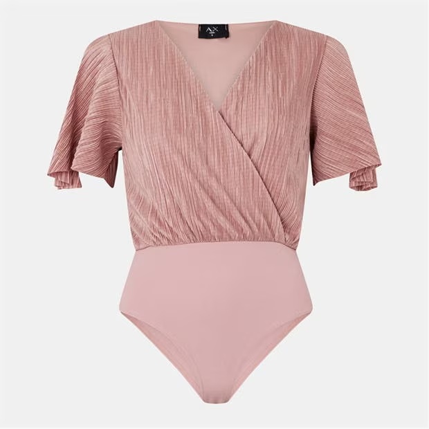 AX Paris Champagne Wrap Top Butterfly Sleeve Plisse Bodysuit