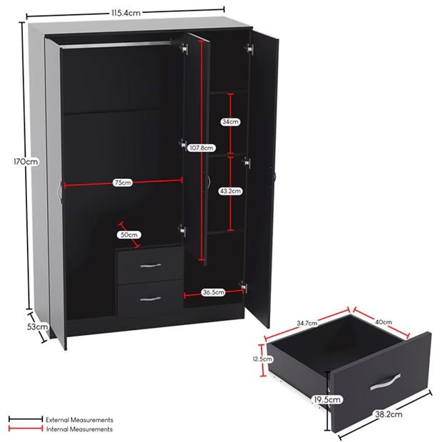 Lassic Vida Designs Riano 3 Door 2 Drawer Mirror Wardrobe