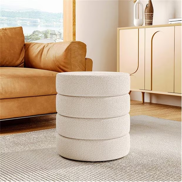 Cottonfy UK Round Channel Upholstered Ottoman Beige