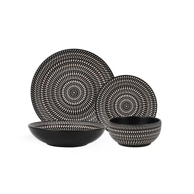 Waterside 16PC Pad Print Black Dinner Set