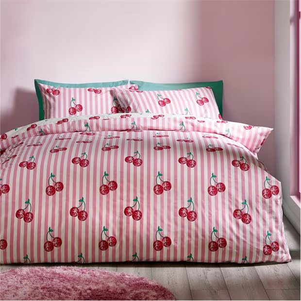 Catherine Lansfield Disco Cherries Stripes Reversible Duvet Cover Set