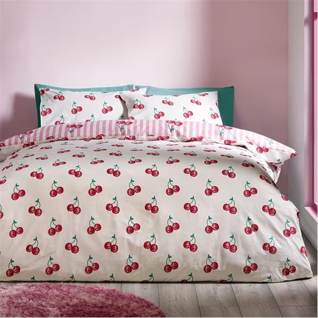 Catherine Lansfield Disco Cherries Stripes Reversible Duvet Cover Set