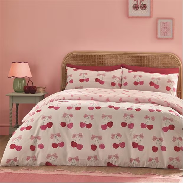 Catherine Lansfield Cherries and Bows Reversible Duvet Cover Set