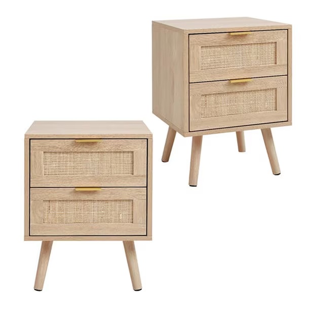 Cottonfy UK 2 PCS Wood and Rattan Cabinets with 2 Drawers